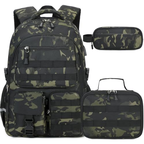 DIGOBAY Camo Backpack for Boys, Tactical Boys Backpack for School, Kids Backpack With Lunch Box Pencil Case USB Charging Port Military Army Schoolbag for Boy Teens Kids Elementary Middle High School