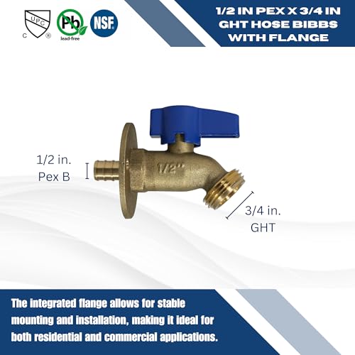 2 Pieces XFITTING 1/2\" Pex B x 3/4\" GHT Hose Bibb with Flange, Pex B Garden Valve, Brass, Water or Oil - Thumbnail 3
