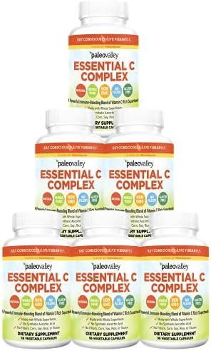 Paleovalley Essential C Complex - Vitamin C Supplement for Immune Support - 6 Pack, 450mg - From Organic Superfoods Unripe Acerola Cherry, Camu Camu, Amla Berry - No Synthetic Ascorbic Acid - USA Made