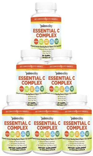 Paleovalley Essential C Complex - Vitamin C Supplement For Immune Support - 6 Pack, 450Mg - From Organic Superfoods Unripe Acerola Cherry, Camu Camu, Amla Berry - No Synthetic Ascorbic Acid - Usa Made #TOP2