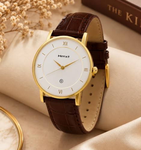 Image of HMXT-36 White & Brown Date Analog Watch with Stainless Steel Strap