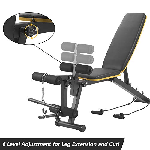 ZENOVA Adjustable Weight Bench, Multi-Purpose Workout Bench Flat Incline Decline Exercise Bench with Leg Extension and Curl , Home Gym Strength Training Bench (Yellow Line)