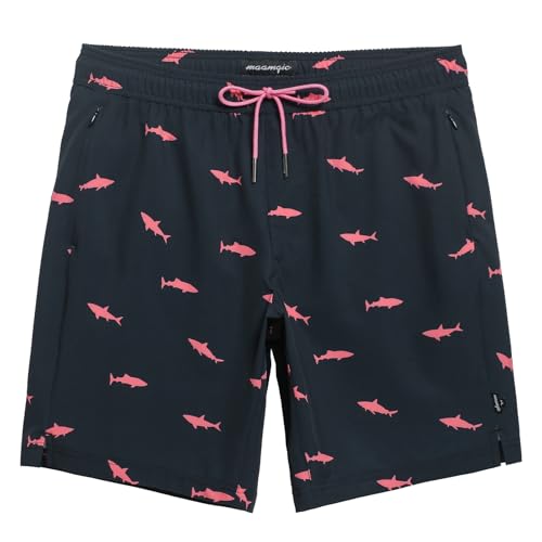 maamgic Mens Swim Trunks 9 Inch with Mesh Lining Bathing Suit Stretch Board Shorts with Zip Pockets for Swimming Shark L