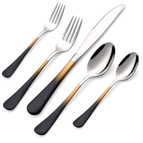20-Pieces Black gold Silverware Sets for 4,Black gold Handle Stainless Steel Cutlery Set, Include Forks Spoons and Knives Set, Dishwasher Safe Utensil Sets for Home Restaurant