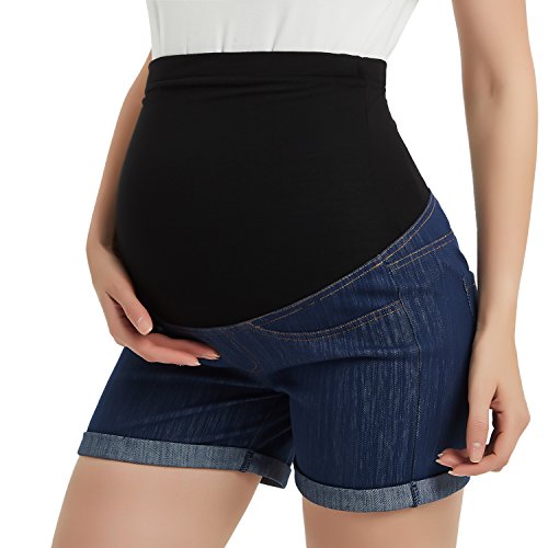 Ginkana Maternity Spandex Shorts Denim Cotton Lounge Over Belly Pregnancy Shorts Summer Linen Pants,Dark Blue,L #TOP19