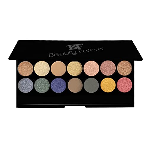 Beauty Forever 14 Schattierungen Palette Lidschatten Glitzer Metallic Schimmer Lang Anhaltend Hochpigmentiert Matt Smokey Eyes mit Pinsel Makellose Einfache Anwendung (Shade-101 Smokey Grey & Blue)
