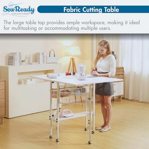 Sew Ready Folding Sewing Craft Table with Storage, Adjustable Height Cutting Desk with Drawers and Wheels for Quilting, Fabric, and Hobby Room, White