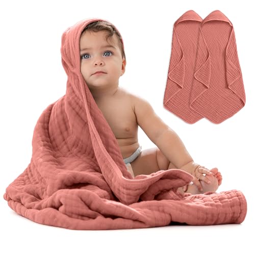 Image of Comfy Cubs Hooded Baby Towel 2-Pack, Large 32 x 32 Inch - 6 Layer 100% Muslin Cotton for Babies, Toddlers and Kids - Soft & Absorbent Baby Bath Towels - Unisex Design for Bath Time - Dusty Rose