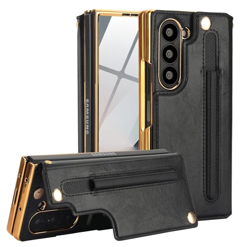 for Samsung Galaxy Z Fold 6 Wallet Case with S-Pen Holder and Credit Card Holder, Built-in Front Screen Flim Protector,Magnetic Clasp Kickstand.(Black) Black Samsung Galaxy Z Fold 6