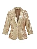 winkbay Women's 3/4 Sleeve Notched Lapel Collar Button Front Blazer Shiny Party Jacket with Pockets Gold Large