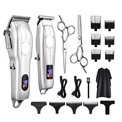 Barber Scissors Hair Clippers for Men, 2PCS Professional Electric Cutting Machine Kit Adjustable LCD Rechargeable Man Shaver Trimmer Men's(Silver)