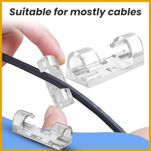 Image of Cable Clips for Wire Management on Wall | Self-Adhesive Wire Organizer Clips for Wall Desk Office Home | Heavy Duty Cable Clips for Laptop Computer (Transparent-40 Pcs)