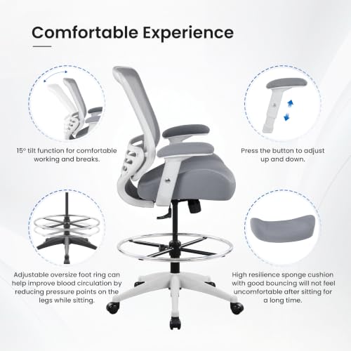 Image of BOLISS 400lbs Mid Back Mesh Ergonomic Drafting Chair Office for Adjustable Desk Wide Chair Built-in Lumbar Support Big Adjustable Foot Ring Height Adjustable Armrest (Grey)