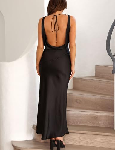 Image of KOUNAI Satin Backless Formal Maxi Dresses for Women Wedding Guest | Silk,Cowl Neck,Drape Neck,Open Back,Sleeveless,Tie Back,Elegant,Cocktail,Bridesmaid,Beach,Vacation,Party,Graduation,Midi