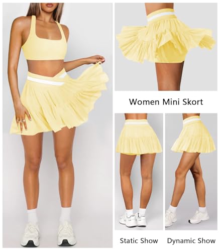 Women's Pleated Flowy Ruffle Tennis Skirt Skort for Women Crossover High Waisted Mini Golf Athletic Skirt with Shorts3