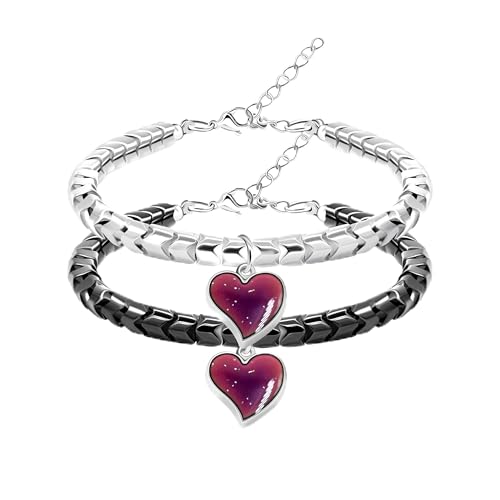 Image of A Pair of Gear-shape Hematite Bracelets with Color Changing Thermo Sensitive Mood Heart Charms, Couples Love Heart Bangles Gifts