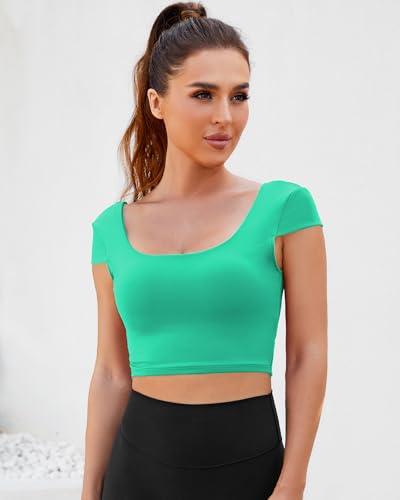 Image of DaiLiWei Open Back Workout Tops for Women Short Sleeve Longline Sports Bras Support Crop Tank Yoga Shirts with Built in Bra