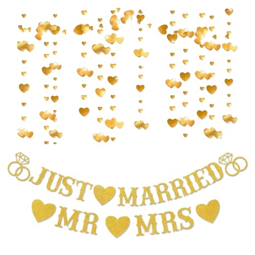 Wedding Decorations Banner Set – Gold “Just Married” & “Mr & Mrs” Letter Banners with 4m Gold Heart Garland – Vintage Romantic Décor for Bridal Shower, Ceremony, Car, Photo Props, and Recept