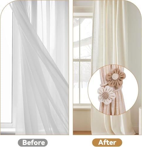Image of Catchy Rope White & (Set of Brown Holders Holdback 2) Curtains Tieback Drapery Jute Tiebacks. Natural Decorative Window Neutral Combo Curtains Floral Curtain Beautiful (2, Whites)