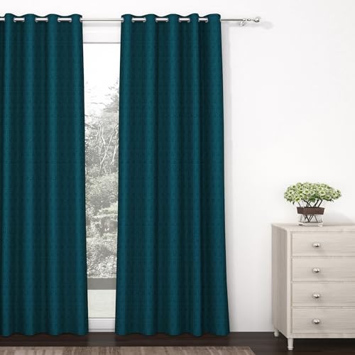 Image of Story@Home 100% True Blackout Semi Long Door Curtains 8 Feet Set of 1 | Geometric Design | Room Darkening Curtain | Thermal Insulated Curtains for Living Room | (116 X 242 Cm, Dark Cyan)