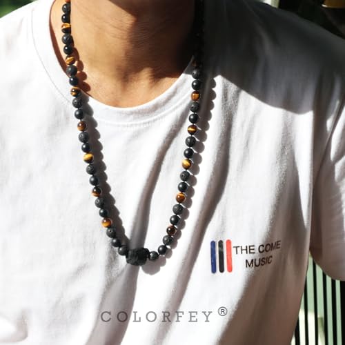 Protection Crystal Tiger Eye Necklace for Men, Natural Tourmaline Crystal Onyx Lava Stone Beads Necklaces for Men Handmade Gemstone Beaded Necklace, Mens Jewelry Gifts for Father Husband2
