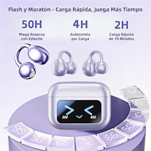 Image of Elegant Touchscreen Clip-On Earbuds, Wireless Open Ear Headphones with 1.3 inch Color Display, Bluetooth 5.4, 50H Playtime, Ultra-Light 4.1g, IPX5 Waterproof, Perfect for Yoga /Running /Workouts,purple