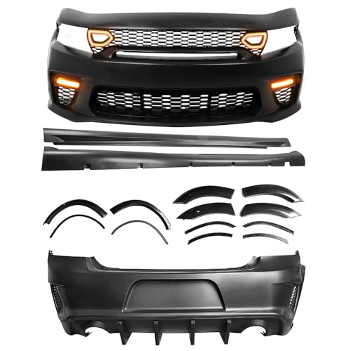 FREEMOTOR802 Fits 2015-2023 Dodge Charger, Widebody Style Unpainted Front Rear Bumper & Fender Flares & Side Skirts Full Conversion Kit, SRT Upper Grille & Lights, Fog Lights, Matte Black Diffuser