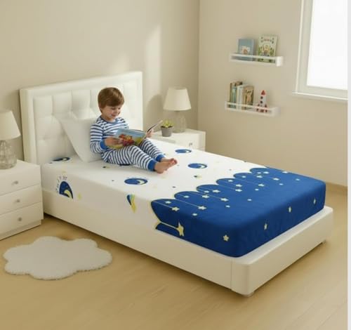 Image of Filymore Good Night Design Elastic Fitted bedsheet for Kids Room Single Bed 240 TC Soft Microfiber 1 bedsheet and 1 Pillow Cover (Size 72x36 inches) fit up to 6 inches Mattress(White)