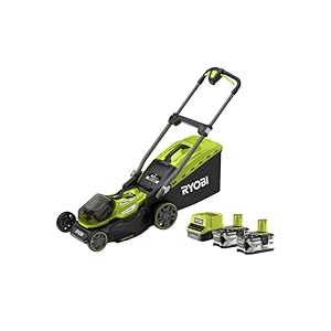 RYOBI 18 V ONE+ borstelloze accu-grasmaaier RY18LMX40A-240 (maaibreedte 40 cm, 6-voudige hoogteverstelling 20-70 mm, vlakken tot 700 m², variabele greepstangen incl. mulchwig, 2×4,0Ah accu & oplader)