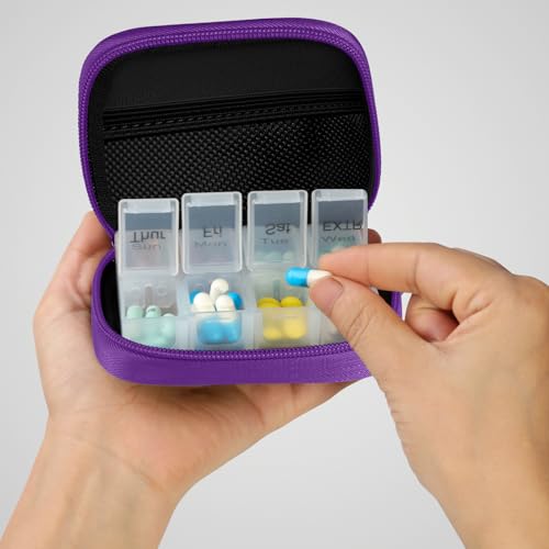 Image of Pill Case Weekly Travel Pill Organizer for Purse with Removable 7 Day Pill Box Premium Neoprene Pill Container for Travel Purse Accessory, Vitamin, Supplement, Small Pieces Arrangement-Purple