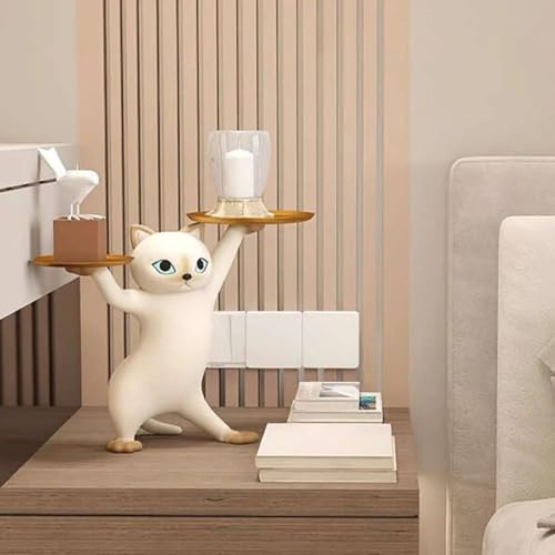 Figura decorativa moderna de gato de resina con bandeja dorada miniatura 7