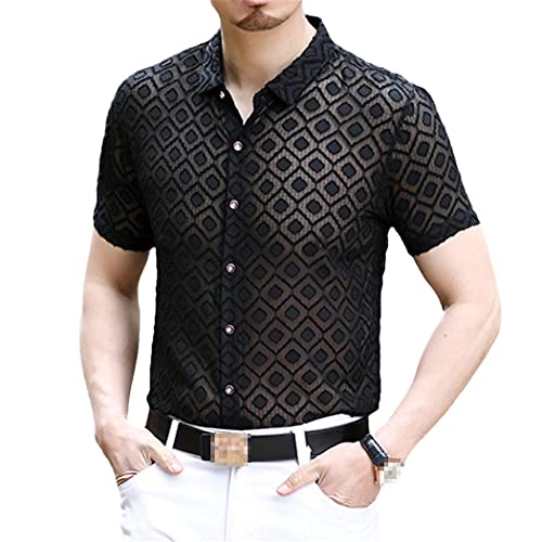 Chemise manches courtes broderie diamant homme coupe ajustée noire M