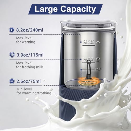 Image of Wowteam Milk Frother, 4-in-1 Electric Milk Steamer, Warm and Cold Milk Warmer and Foam Maker for Coffee, Latte, Cappuccinos, Macchiato, 8.2oz /240ml, Stainless Steel (Blue)