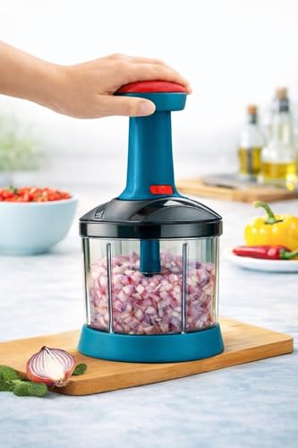 Image of YOUONE Push Chopper, 1000ml Capacity, Stainless Steel Blade, Transparent Container with Lock System, Green (Black)