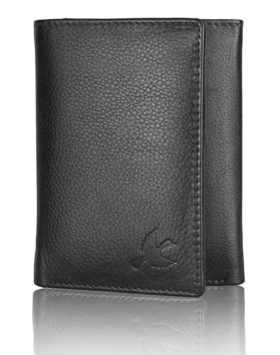 Trifold Leather Wallet for Men - Premium Top Grain Black Genuine Leather, Casual Style, Ideal Gift for Men, 2 Compartments, 5 Card Slots (Black) (Black)3