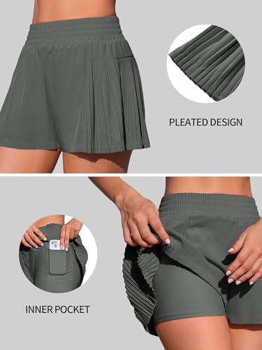 Image of ATTRACO Women's 3 inch High Waisted Swim Board Shorts Pleated Summer Beach Shorts with Pockets