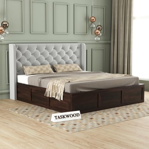 Image of Solid Sheesham Wood King Size Bed with Storage | Wooden Double Bed Cot Bed with Box Storage & Velvet Upholstered Cushioned Headboard for Bedroom (Walnut D, King)