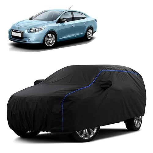 Image of Sulfar 100% Water Resistant Car Body Cover Compatible with Mirror for Renault Fluence (Triple Stitched, Full Bottom Elastic, Black Tafetta with Blue Piping)