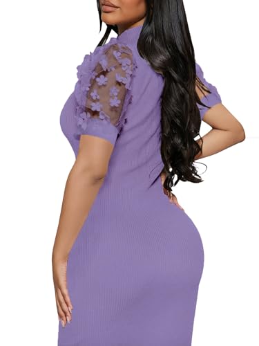 Image of Annystore Women's Mesh See Through Sheer Dress Short Puff Sleeve Bodycon Dress Mock Neck Sexy Club Party Midi Dress Clubwear
