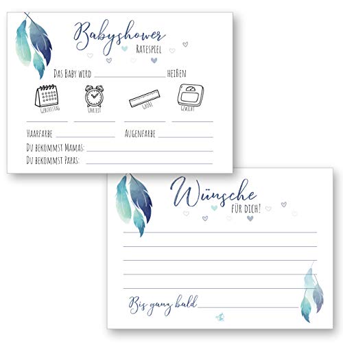 Babyparty Spiele blau für Junge und Mädchen mit 25 Tippkarten für die perfekte Babyshower, Baby Ratespiel während der Schwangerschaft oder als Geschenk zur Gender Reveal Party Cover