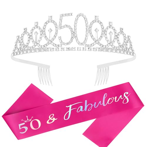 Semato 50th Birthday Tiara and Sash Kit - Hot Pink Rhinestone Alloy Festive Womens 50th Birthday Crown and Sash Set