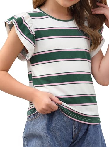 Image of Girls Striped Shirt Flutter Sleeve Top Crewneck Cute Summer T Shirts Casual Tees Apricot Green 9-10 Years