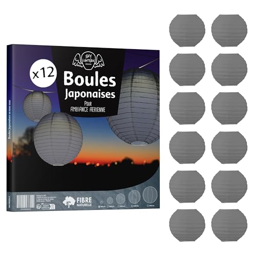12x Lanterne Papier 10 cm Grises - Suspension Boule Papier 10 cm (12'') type Lanterne Japonaise pour Decoration Mariage - 12 pièces - Le must de la Gamme de Lampions Papier - Notice en Français.