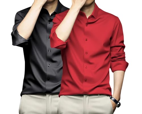 Image of DEELMO Combo of Men's Stylish Solid Satin Casual Shirt for Men Full Sleeves| Poly Satin Silk Shirt Pack of 2