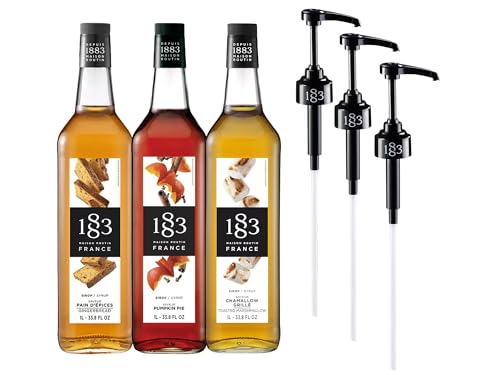 Image of 1883 Gingerbread, Pumpkin Spice, Toasted Marshmallow Syrups with Pumps (Winter Holiday Flavors) for Drinks - 1 Liter Glass Bottles (Pack of 3)