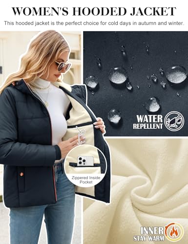 Vancavoo Wintermantel Damen Winterjacke Warm Gefüttert Winterparka Winter Jacket Mäntel Parka Kurzmantel Frauen mit Kapuze,Marineblau,M