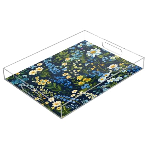 Nesatuwa Blue Green Flowers Acrylic Serving Tray with Handles,Clear Serving Tray Decorative Tray Organiser for Ottoman, Kitchen, Bedroom Decorative Tray 12x16 Inches