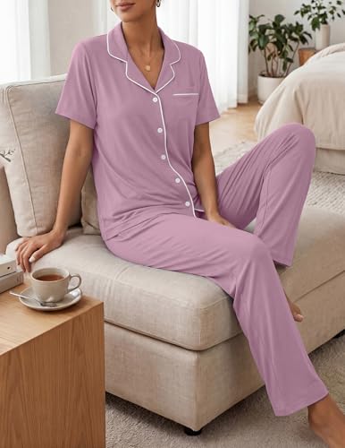 Image of ZMJ Womens Pajamas Sets 2 Piece Lounge Set Short Sleeve Shirt with Long Pant Pj Sets Button Down Sleepwear Outfits Bean Paste XS