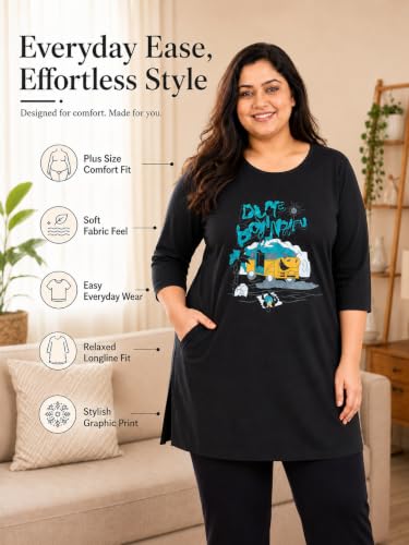 Image of RYSH Women's Plus Size Printed Nightshirt | Round Neck | 3 /4 Sleeve | Relaxed Fit Long Nightwear Top |