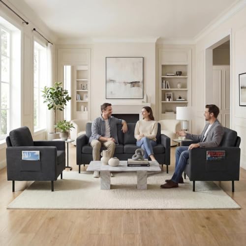 Image of STHOUYN Modern 3-Piece Living Room Set, 56 inch Grey Sofa Loveseat with USB Ports, Small Couch and Chair Set for Small Space, Apartment, Office (Grey, 2 Chairs + 1 Loveseat)